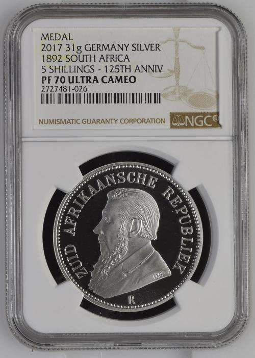 2017 Replica Of The ZAR 1892 Double Shaft 5 Shillings - NGC Graded PF70 Ultra Cameo - 125th Anniv.